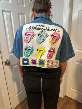 Short Sleeve Cropped Denim Jean Jacket with Crochet Square Trim